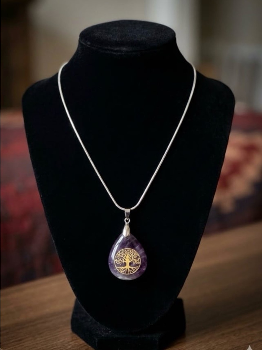 Amethyst Teardrop Tree of Life Pendant Necklace